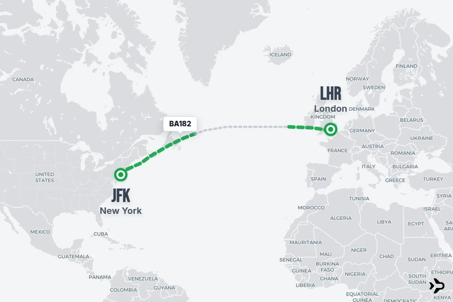 BA182 flight map from JFK to LHR