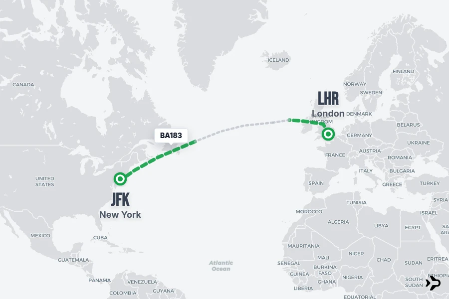 BA183 flight map from LHR to JFK