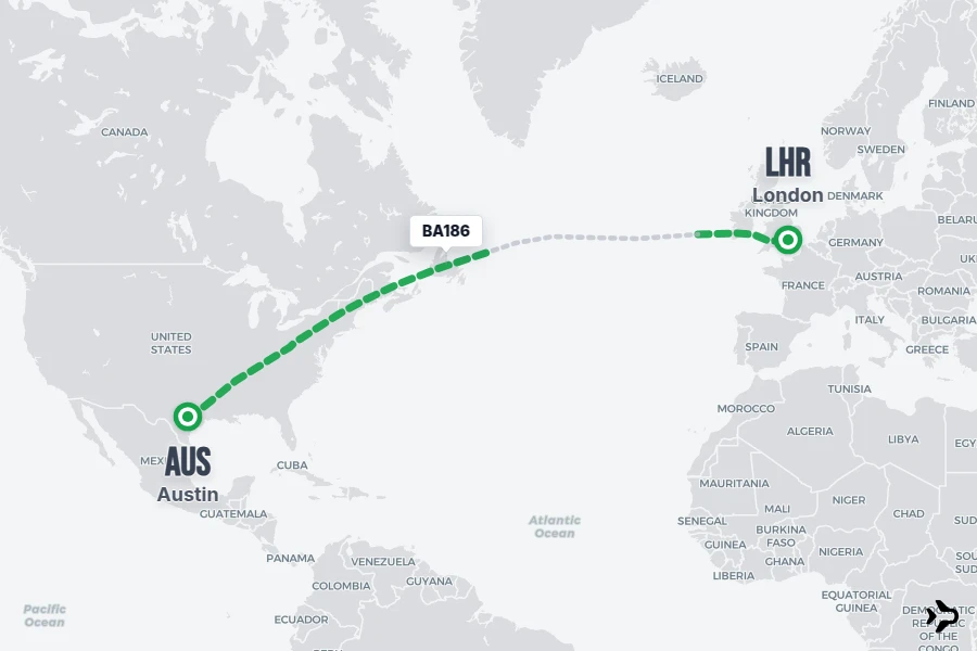 BA186 flight map from AUS to LHR