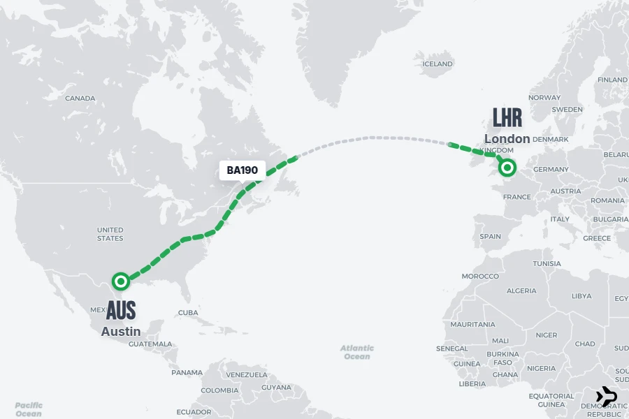 BA190 flight map from AUS to LHR