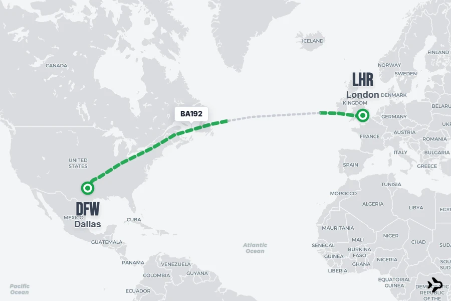 BA192 flight map from DFW to LHR