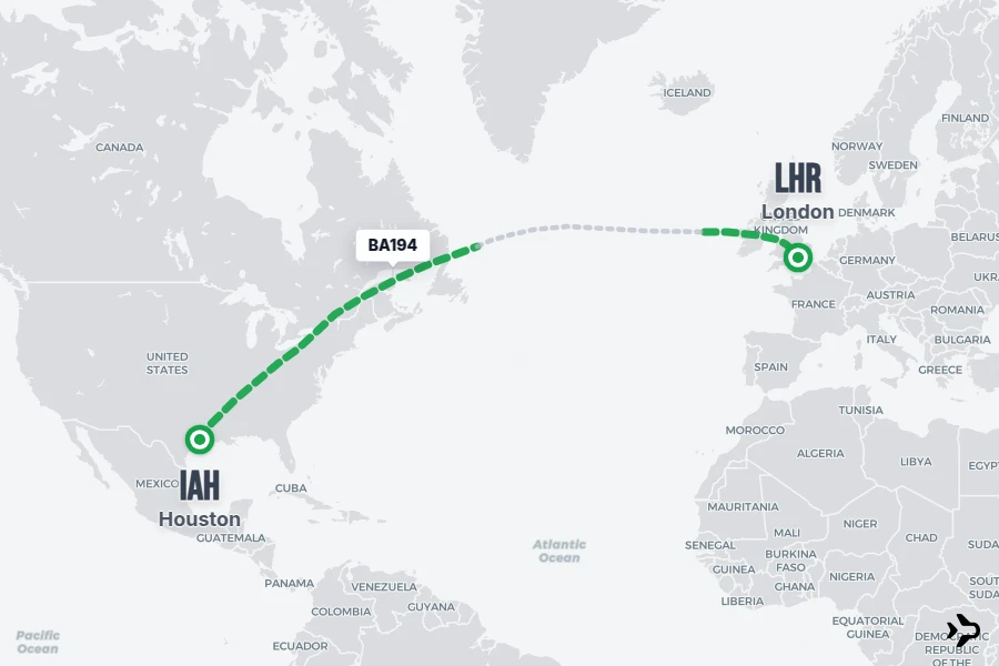 BA194 flight map from IAH to LHR