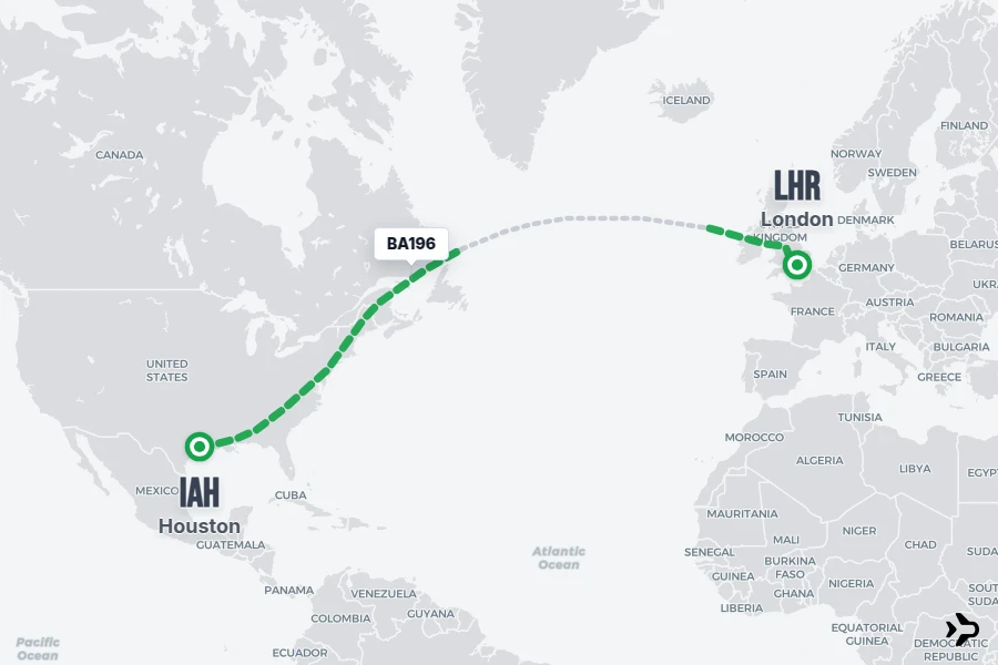 BA196 flight map from IAH to LHR