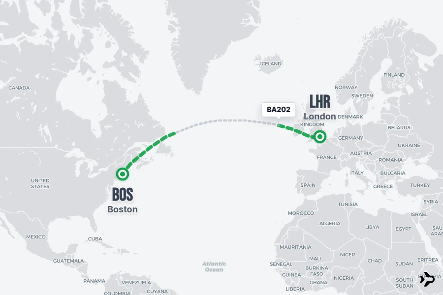 BA202 flight map from BOS to LHR