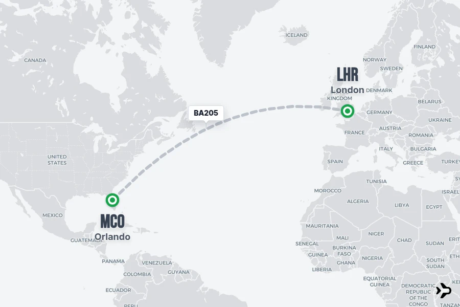 BA205 flight map from LHR to MCO
