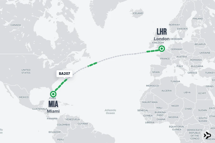 BA207 flight map from LHR to MIA