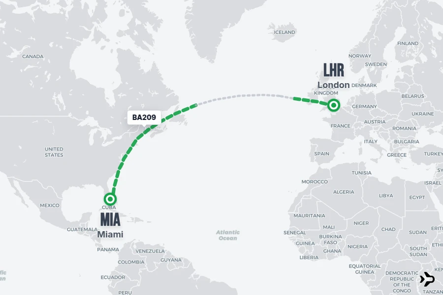 BA209 flight map from LHR to MIA