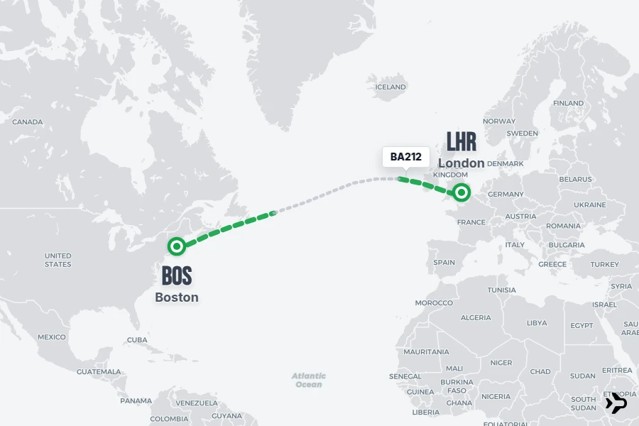 BA212 flight map from BOS to LHR