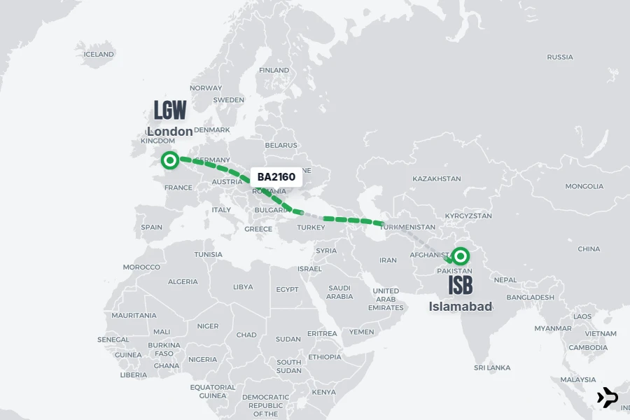 BA2160 flight map from ISB to LGW
