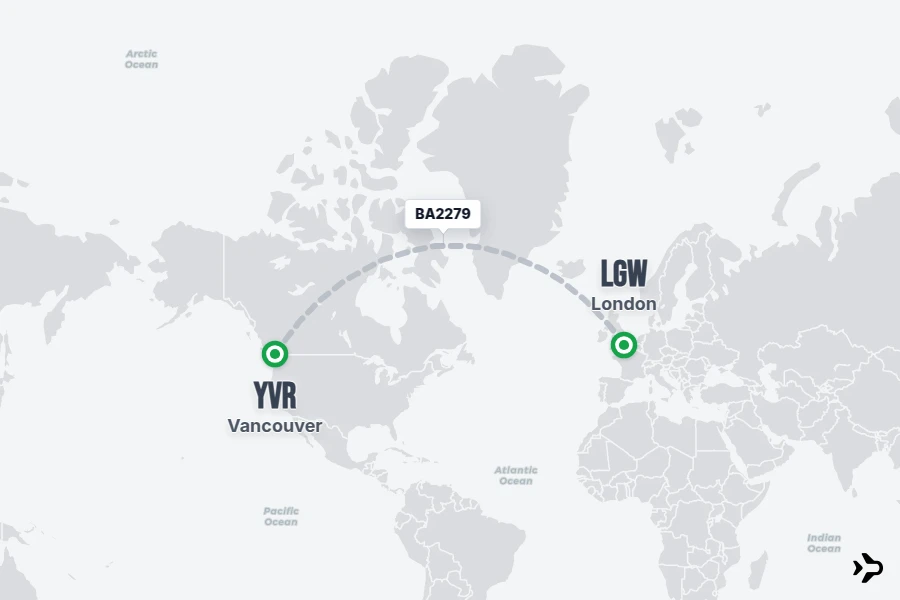 BA2279 flight map from LGW to YVR