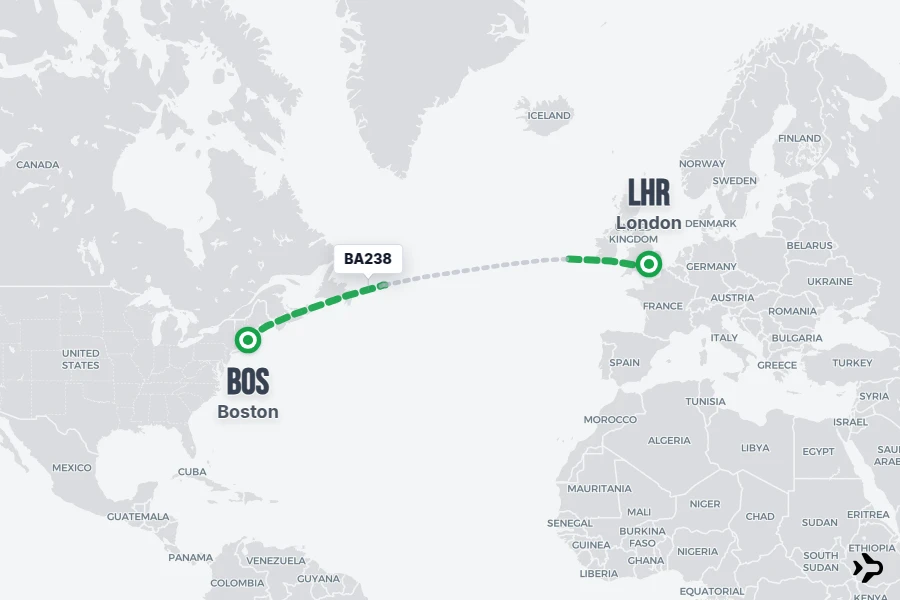 BA238 flight map from BOS to LHR