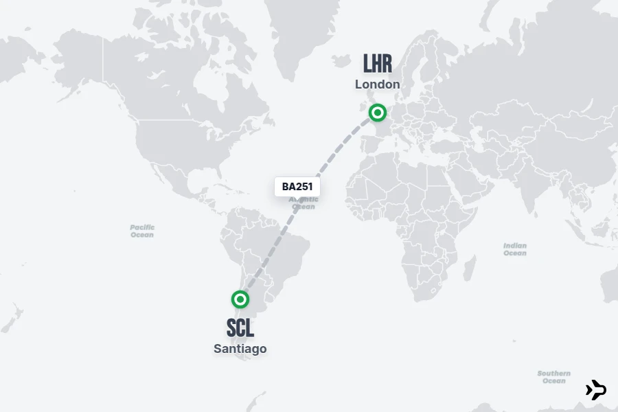 BA251 flight map from LHR to SCL