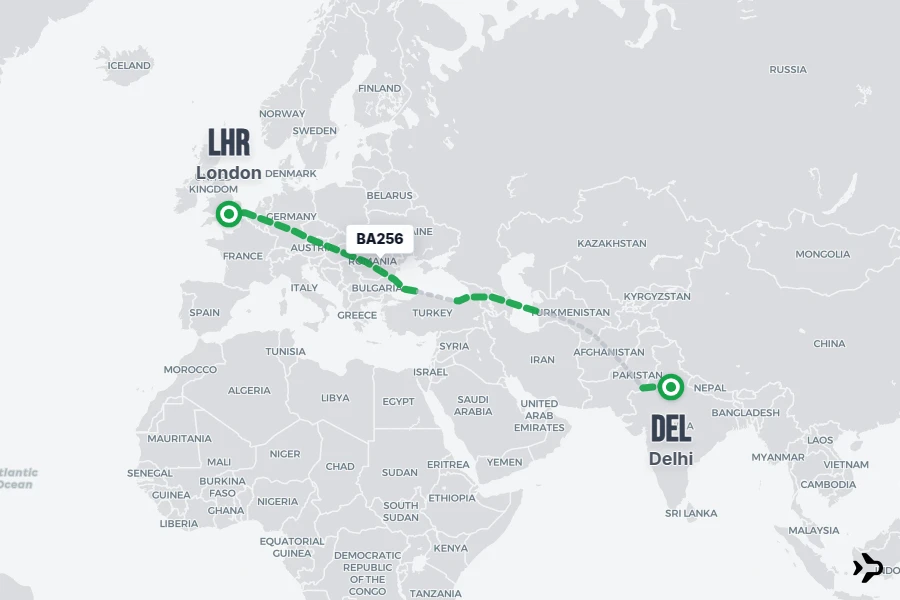 BA256 flight map from DEL to LHR