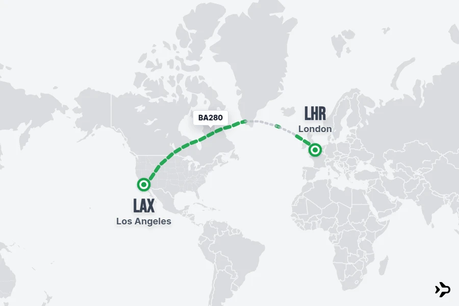 BA280 flight map from LAX to LHR
