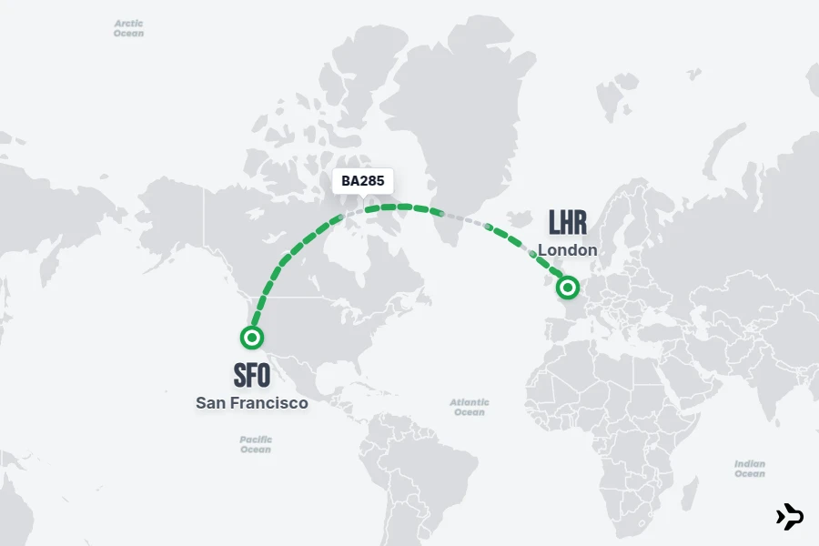 BA285 flight map from LHR to SFO
