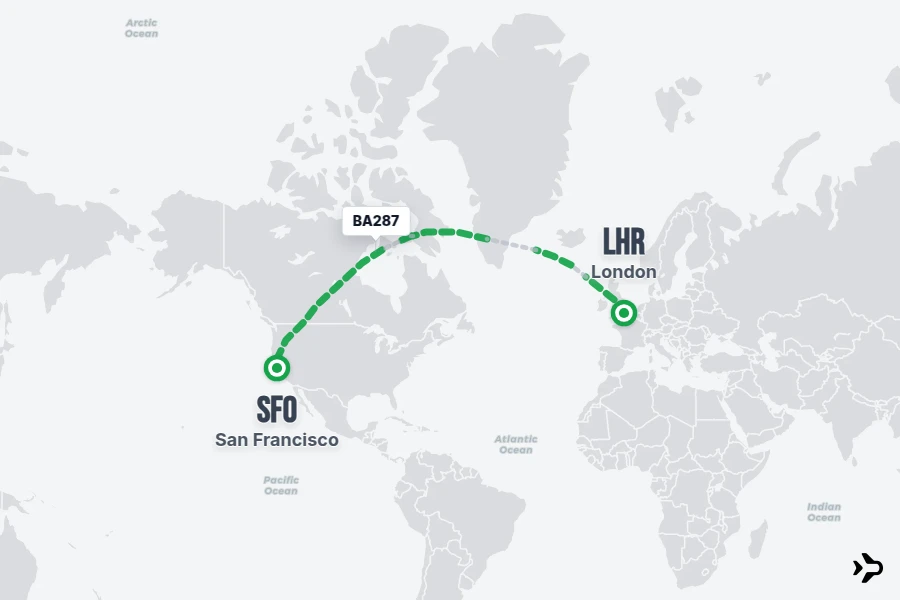 BA287 flight map from LHR to SFO