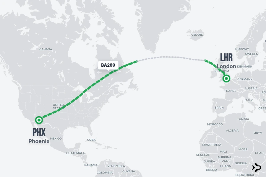 BA289 flight map from LHR to PHX