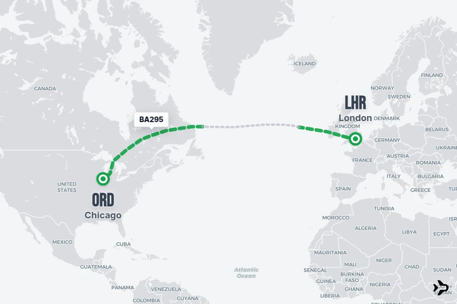 BA295 flight map from LHR to ORD