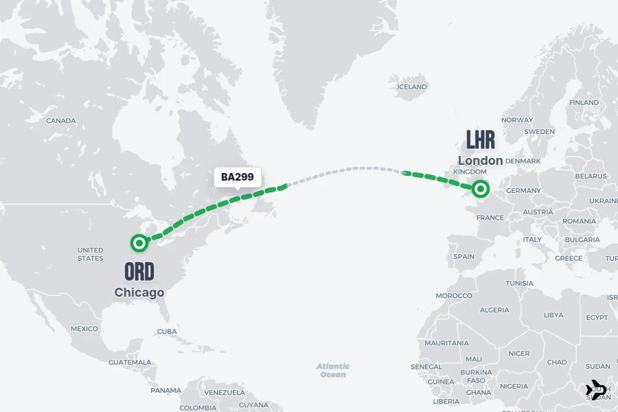 BA299 flight map from LHR to ORD