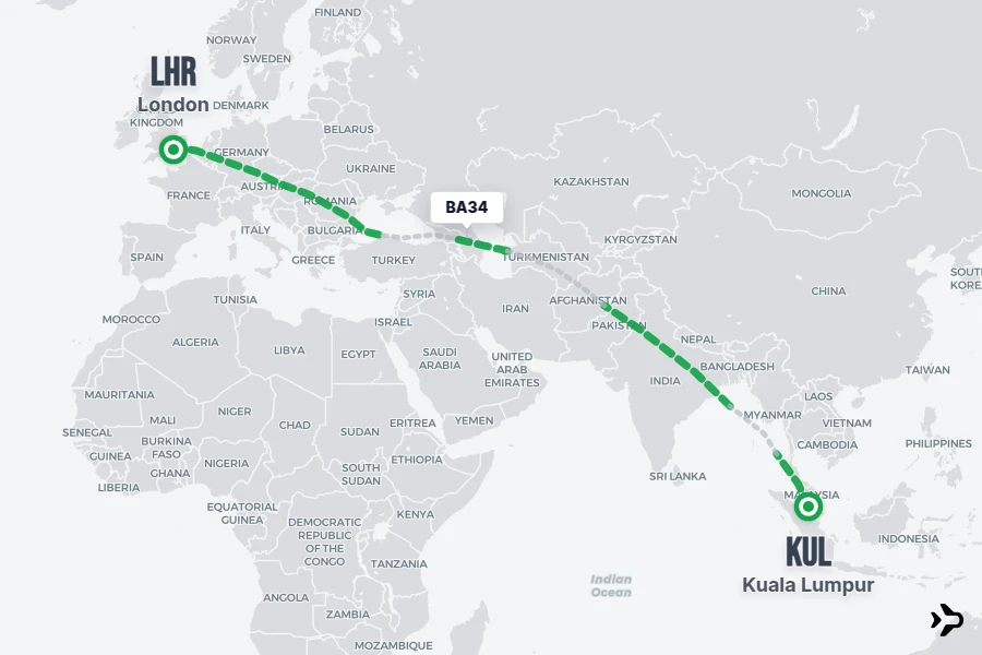 BA34 flight map from KUL to LHR