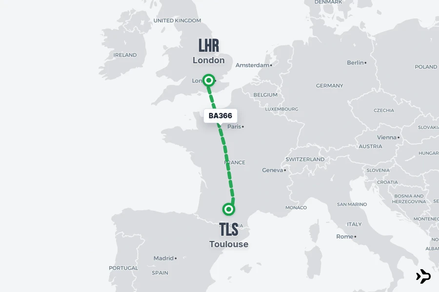 BA366 flight map from LHR to TLS