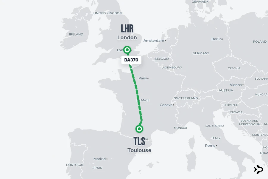 BA370 flight map from LHR to TLS