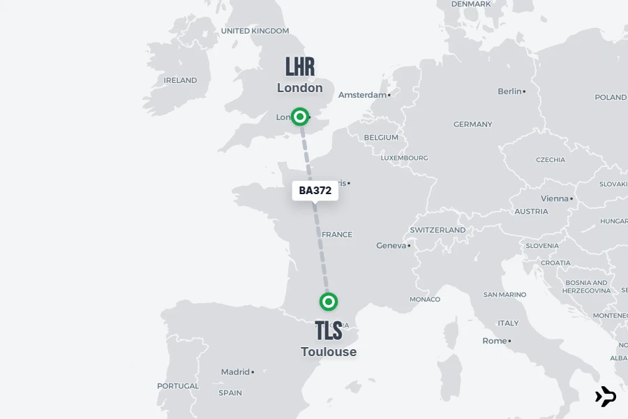 BA372 flight map from LHR to TLS