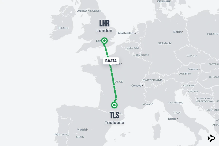 BA374 flight map from LHR to TLS