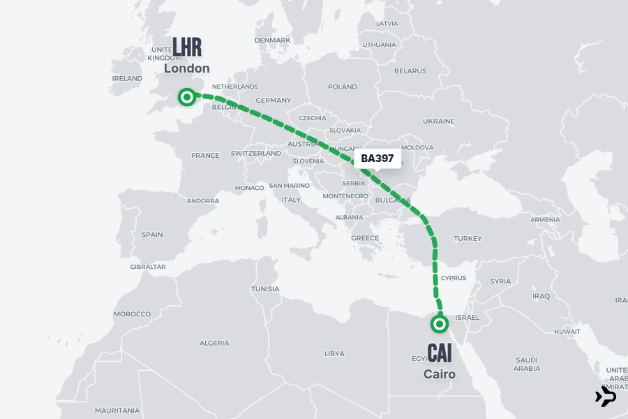 BA397 flight map from CAI to LHR