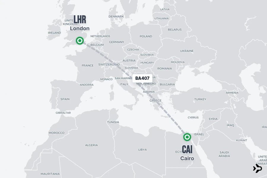 BA407 flight map from CAI to LHR