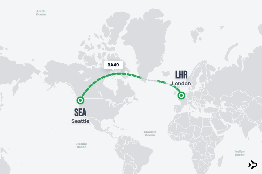 BA49 flight map from LHR to SEA