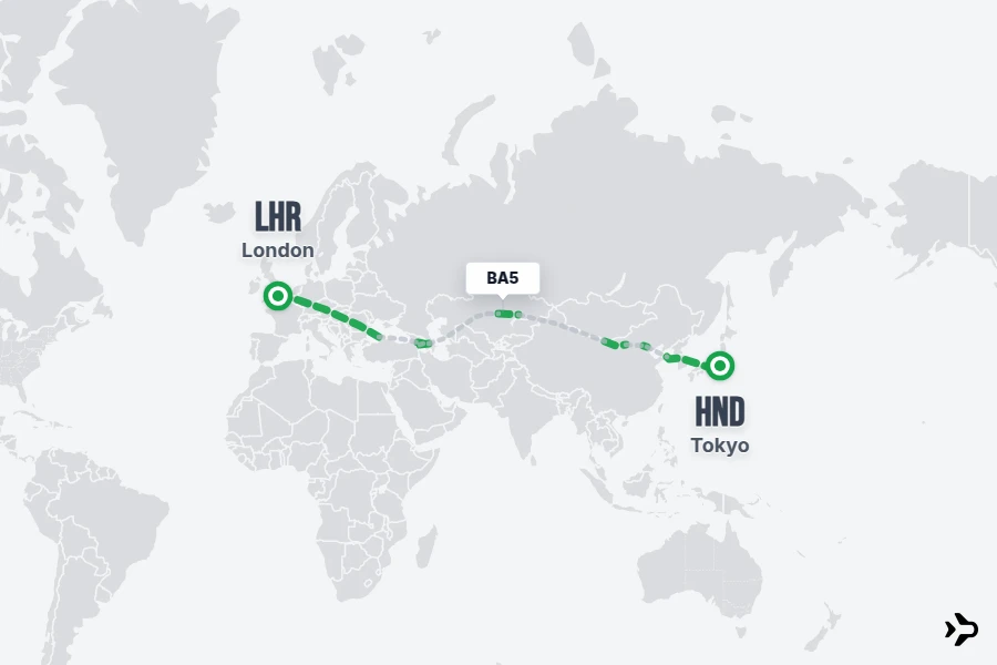 BA5 flight map from LHR to HND