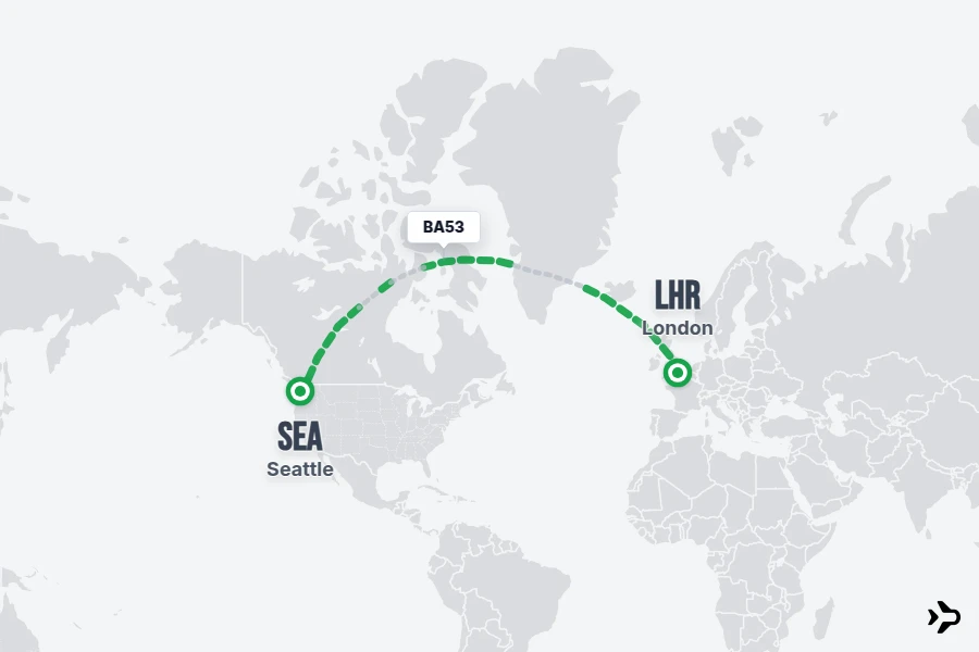 BA53 flight map from LHR to SEA