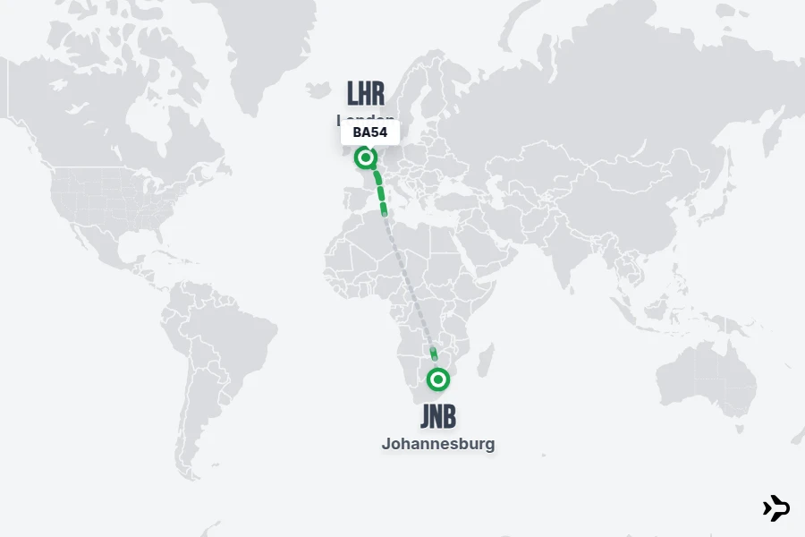 BA54 flight map from JNB to LHR
