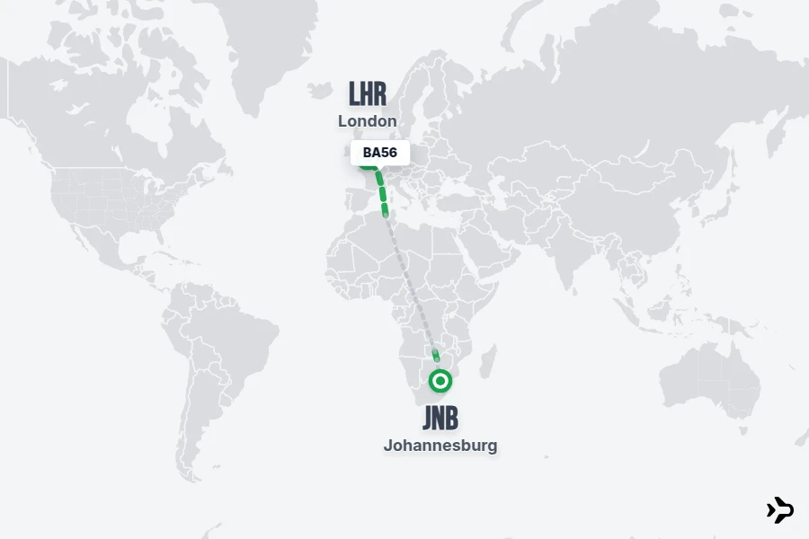 BA56 flight map from JNB to LHR
