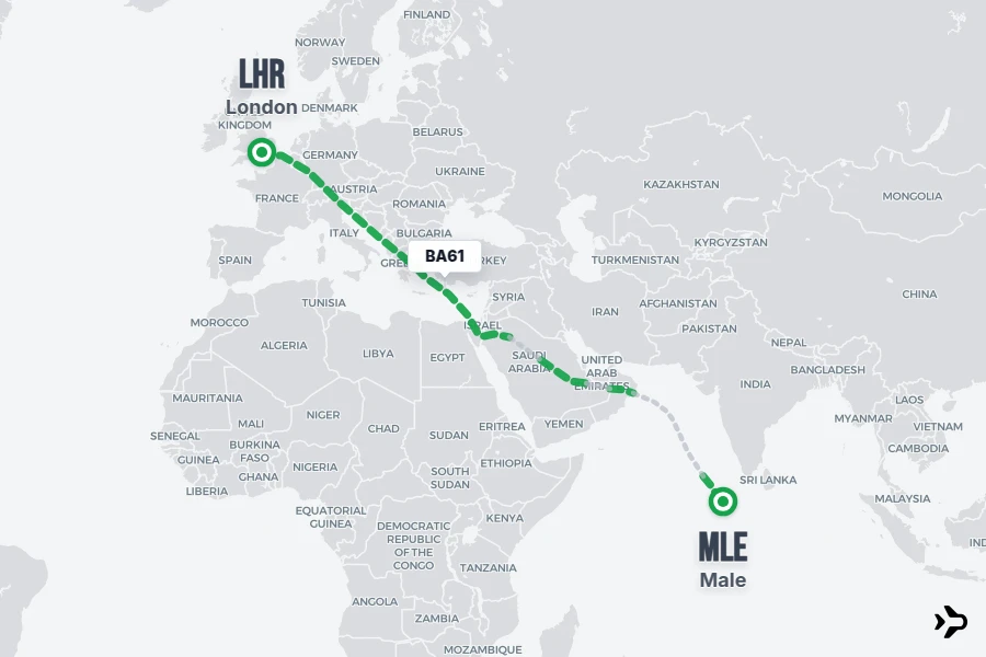 BA61 flight map from LHR to MLE