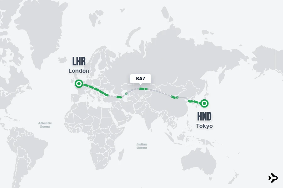 BA7 flight map from LHR to HND