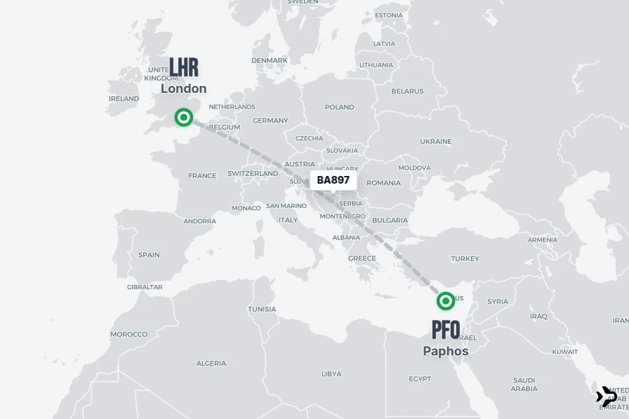 BA897 flight map from PFO to LHR