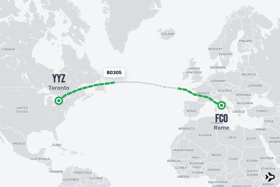 BG305 flight map from FCO to YYZ