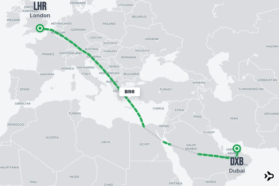 BI98 flight map from LHR to DXB