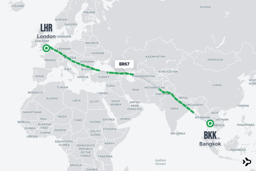 BR67 flight map from BKK to LHR