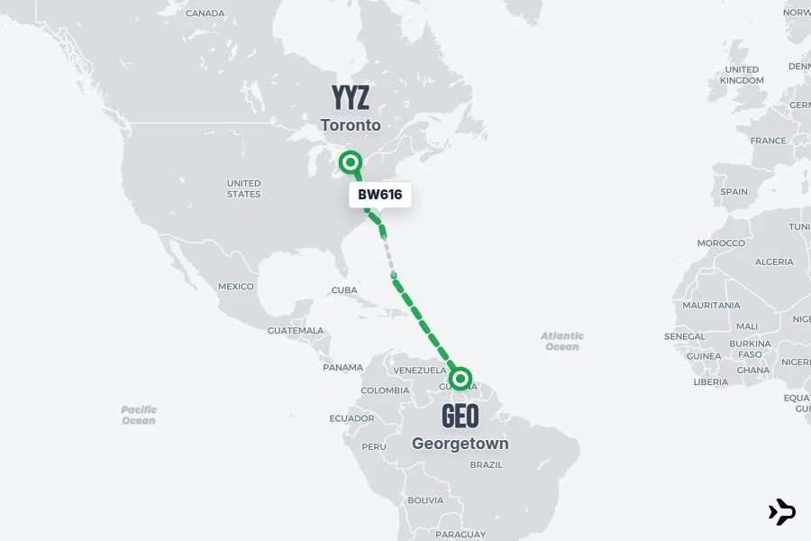 BW616 flight map from GEO to YYZ