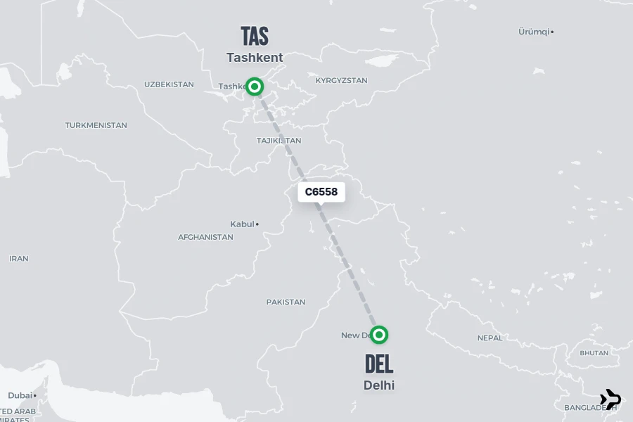 C6558 flight map from DEL to TAS