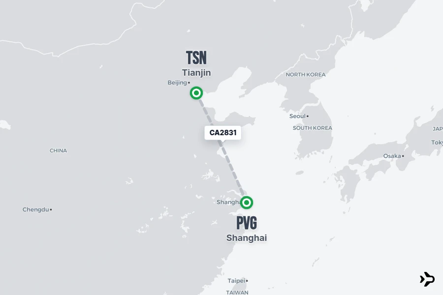 CA2831 flight map from TSN to PVG