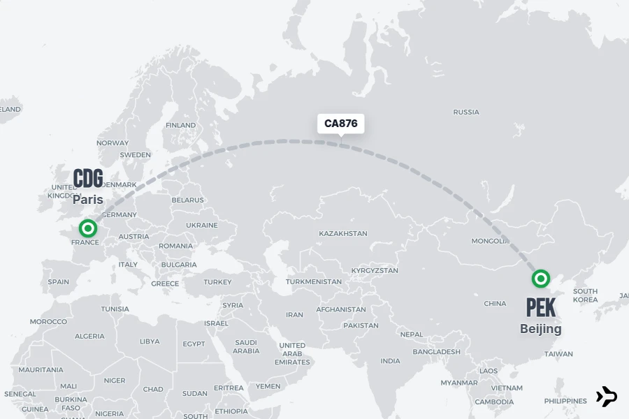 CA876 flight map from CDG to PEK