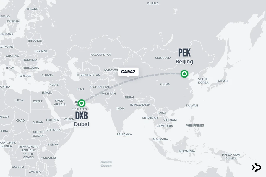 CA942 flight map from DXB to PEK