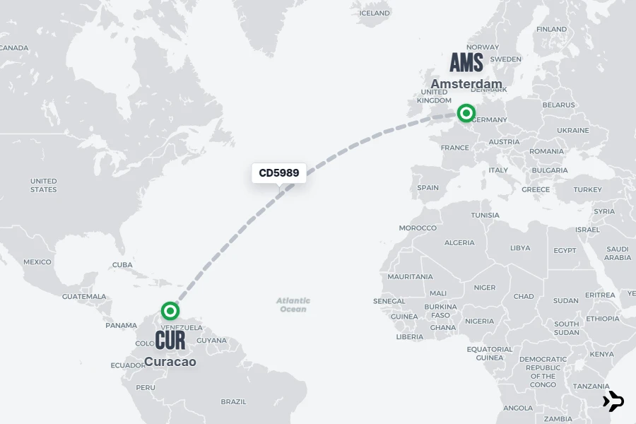 CD5989 flight map from AMS to CUR