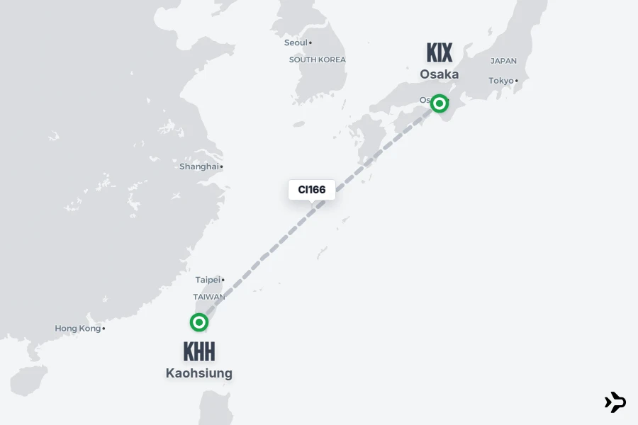 CI166 flight map from KHH to KIX