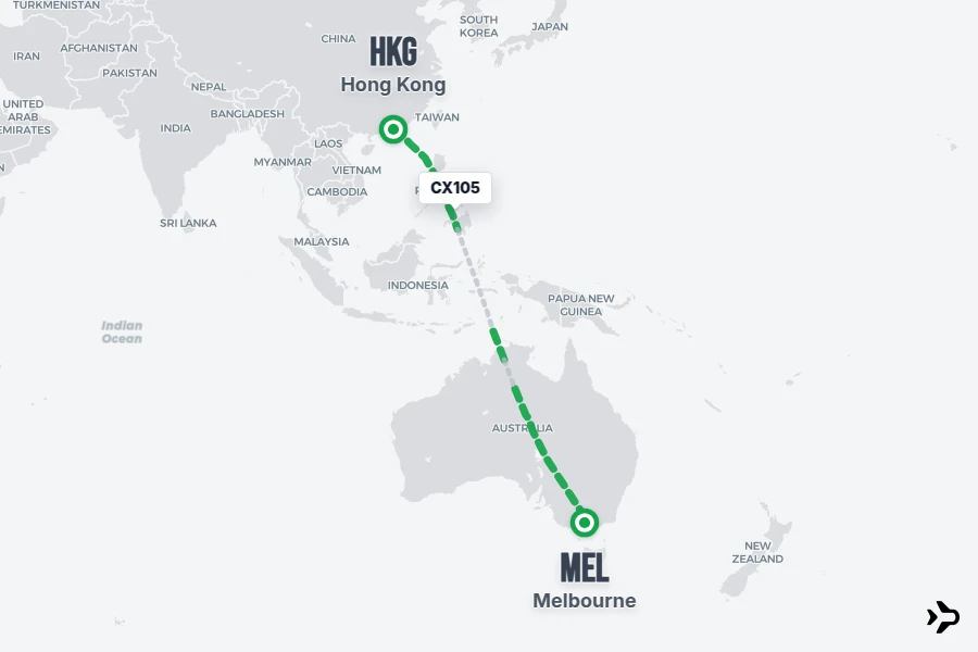 CX105 flight map from HKG to MEL