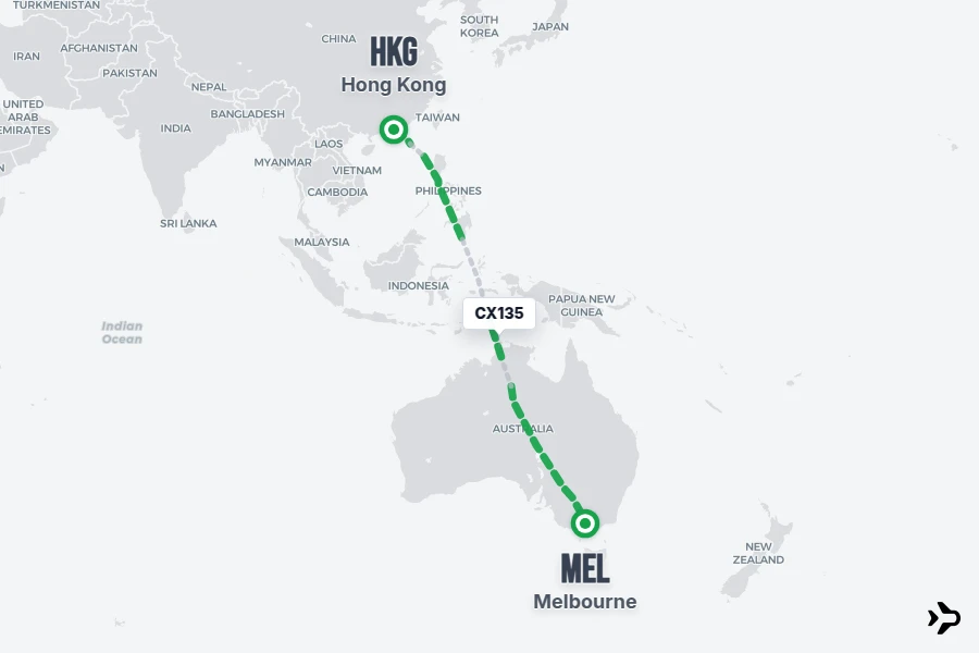 CX135 flight map from HKG to MEL